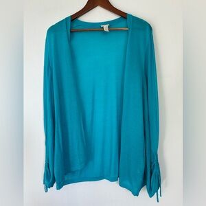 Chico’s Blue Long-Sleeve Open Front Sheer Cardigan with Ruched Cuffs SIZE L